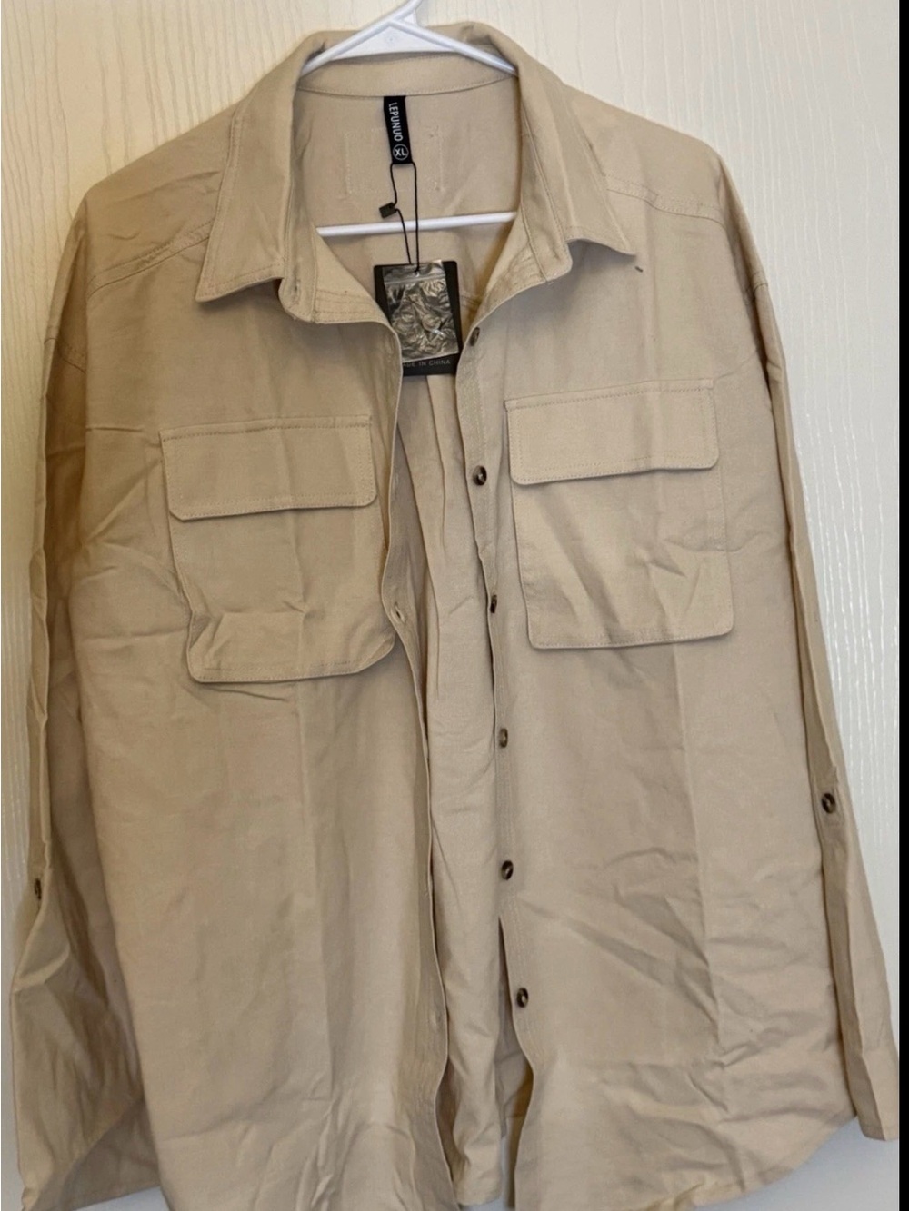 LEPUNUO Men’s XL Utility Shirt Tan Khaki Long Sleeve Cargo Button Up Pockets NWT
